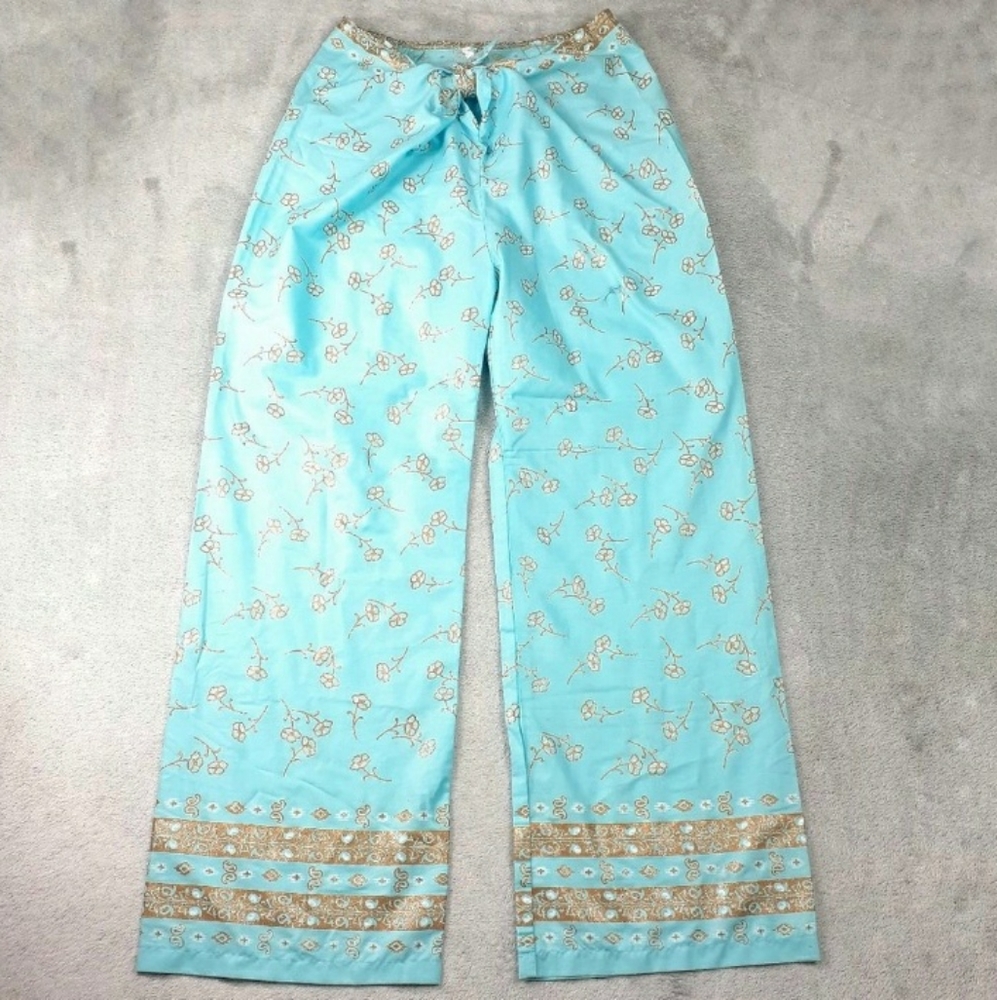 Tied waist lounge/beach Pant paisley glitter bright blue cotton juniors medium